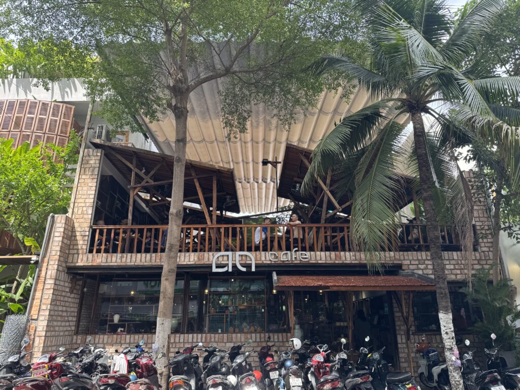 Exterior view of An Cafe, a two-story wooden structure in central Nha Trang