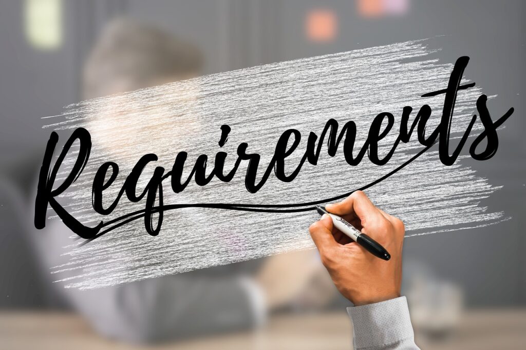 Requirements（要件）と書かれた文字と会議シーン。映像制作の要件定義をイメージさせるビジュアル。