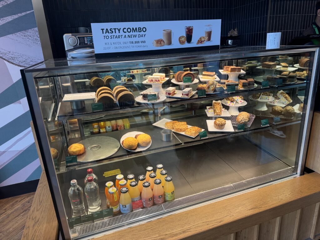Pastry and drink display case at Starbucks Beachfront
