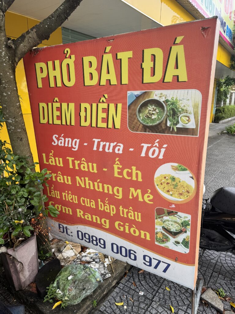 Signboard of Pho Trau Bat Da restaurant in Hung Yen, Vietnam.