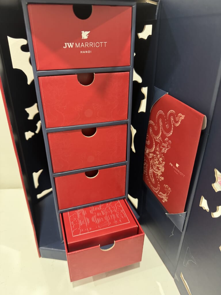 JW Marriott Hanoi mooncake gift box with red drawers and decorative packaging