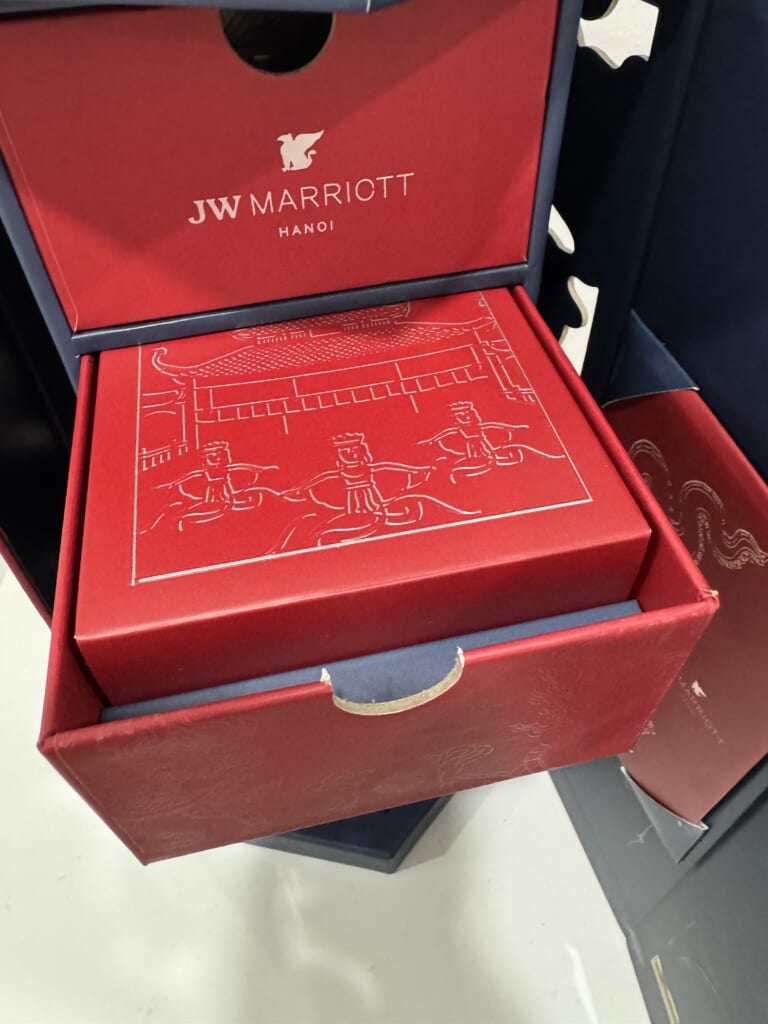 Decorative red mooncake box inside a JW Marriott Hanoi gift drawer